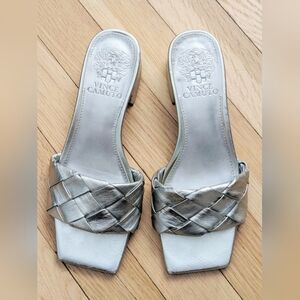 Vince Camuto Silver Metallic Block Heel Slip On Sandals